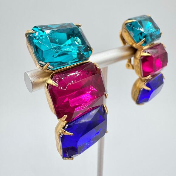 Vintage Three Rhinestone Huge Clip On Earrings Teal Fuchsia Blue 80s Mob Wife - Picture 2 of 16
